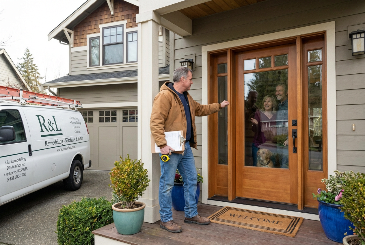 Pro contractor arriving at homeowner's door for an in-person estimate